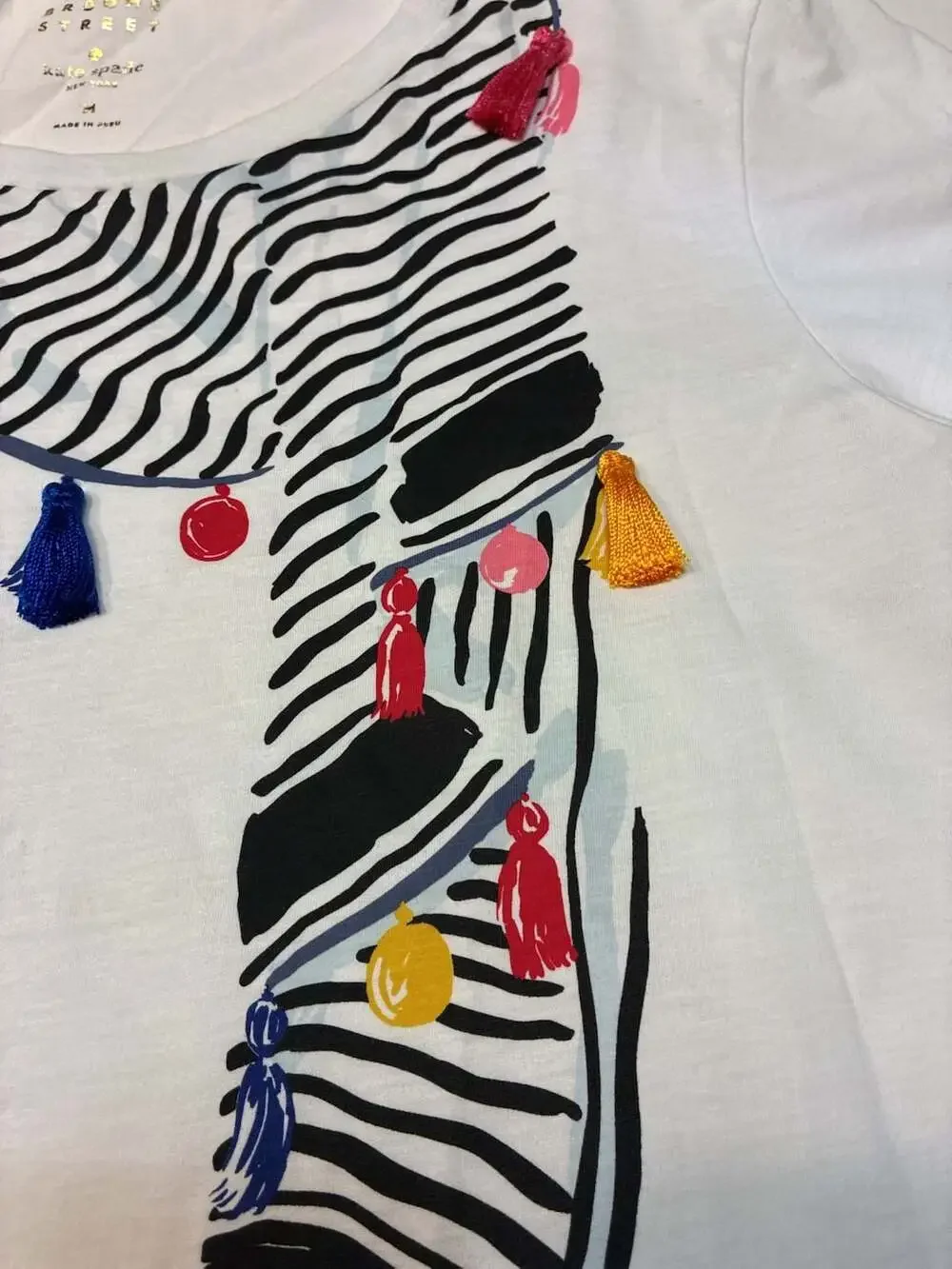 Kate Spade Broome Street T-Shirt with Scarf Print and Tassel Embellishments